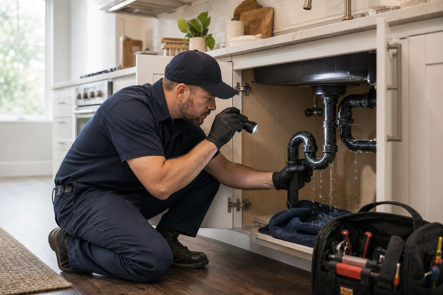 A Copperline plumber carefully diagnosing a leak beneath a kitchen sink
