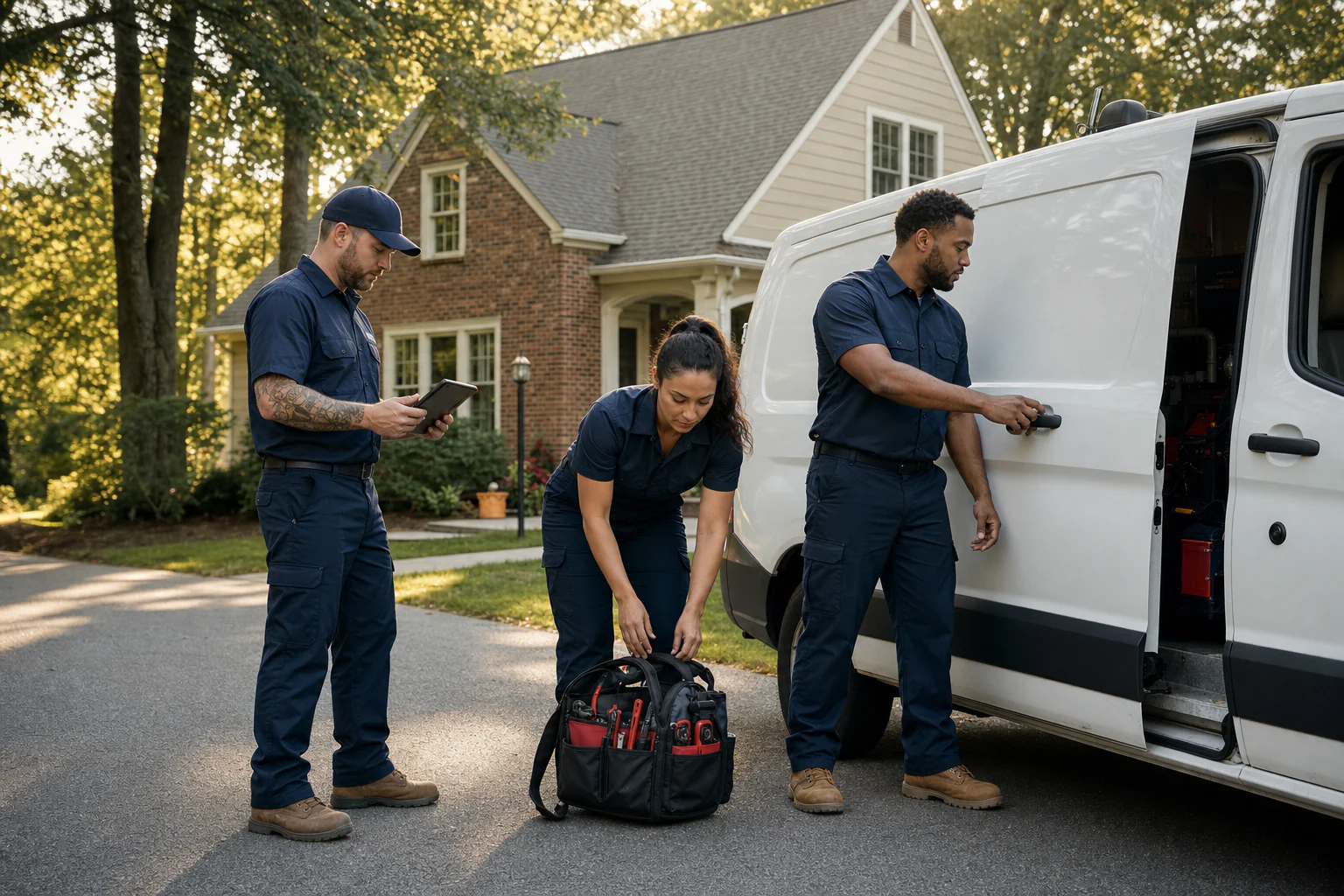 A uniformed local plumbing team preparing for the next service call